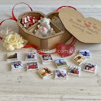 Подарунок в коробці серце “Кохаю тебе тому що…” з фото шоколадками