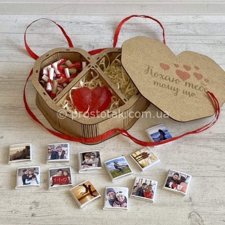 Коробка сердце с причинами любви и шоколад с фото 12шт. 