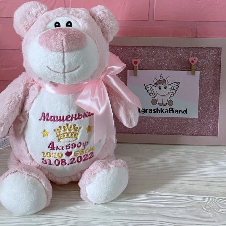 Рожевий плюшевий ведмедик в подарунок дитині іменний із метрикою